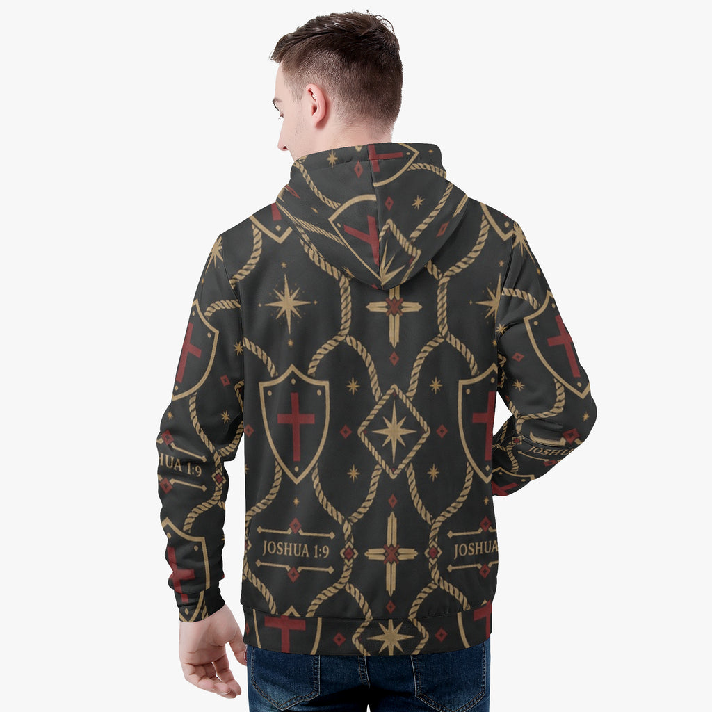 SANCTUS NOVA pullover hoodie in the signature monogram, worn back view with the hood down