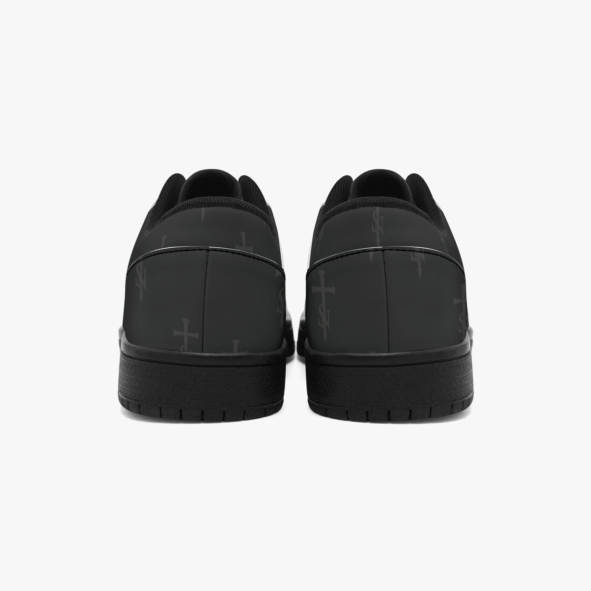 Rear view of SANCTUS NOVA Deep Black sneakers showing the printed heel panels and black soles.