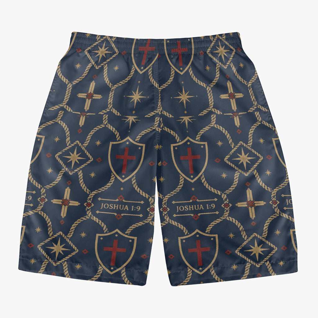 CARRY THE STANDARD board shorts in signature black, SANCTUS NOVA house monogram, front view