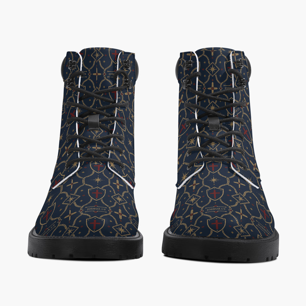 SANCTUS NOVA CARRY THE STANDARD leather boot in the royal navy monogram, rear view