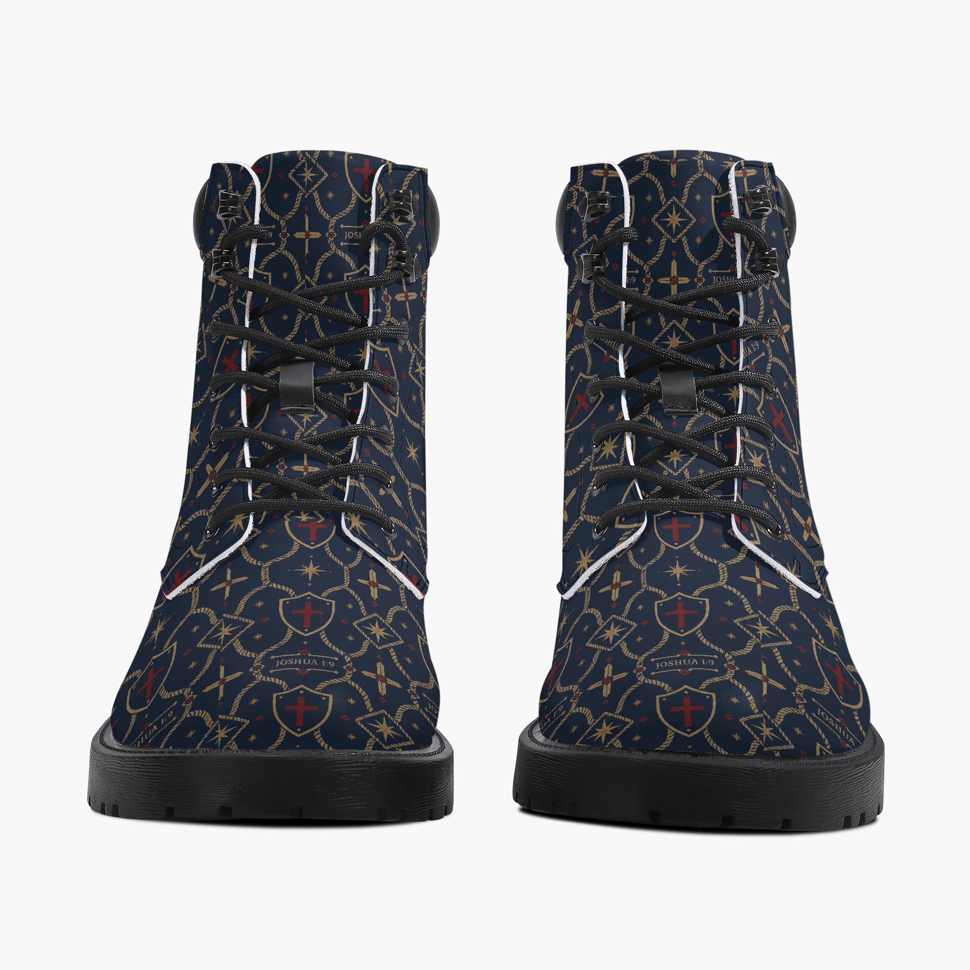 SANCTUS NOVA CARRY THE STANDARD leather boot in the royal navy monogram, rear view