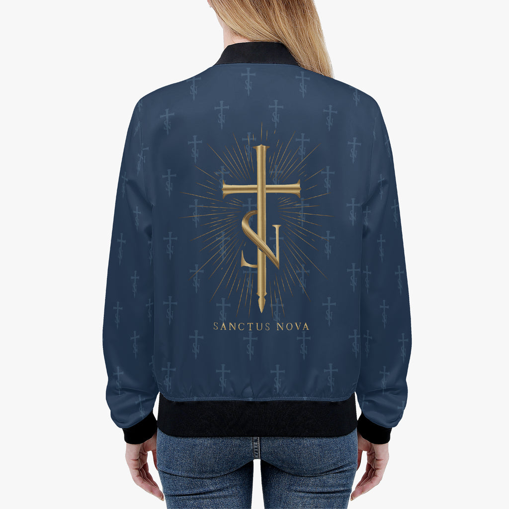 Model wearing the Royal Navy signature bomber from behind, showing the complete gold ray-backed cross-SN and SANCTUS NOVA name.