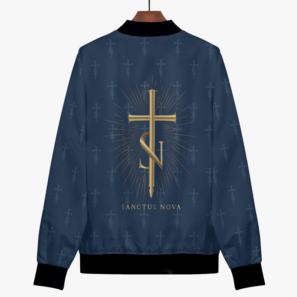 Hanging back view of the Royal Navy signature bomber jacket, with large gold cross-SN, radiating lines and SANCTUS NOVA name.