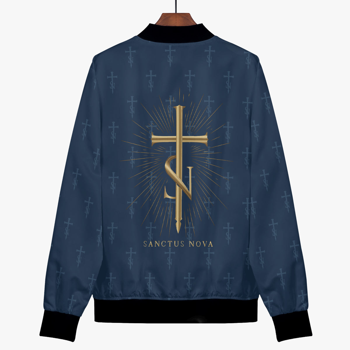 Hanging back view of the Royal Navy signature bomber jacket, with large gold cross-SN, radiating lines and SANCTUS NOVA name.