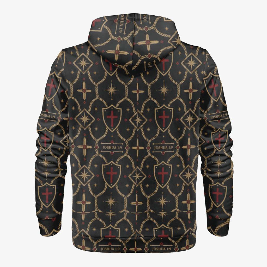 Signature monogram full-zip hoodie angled on a hanger, the repeat carrying over the shoulder and down the sleeve