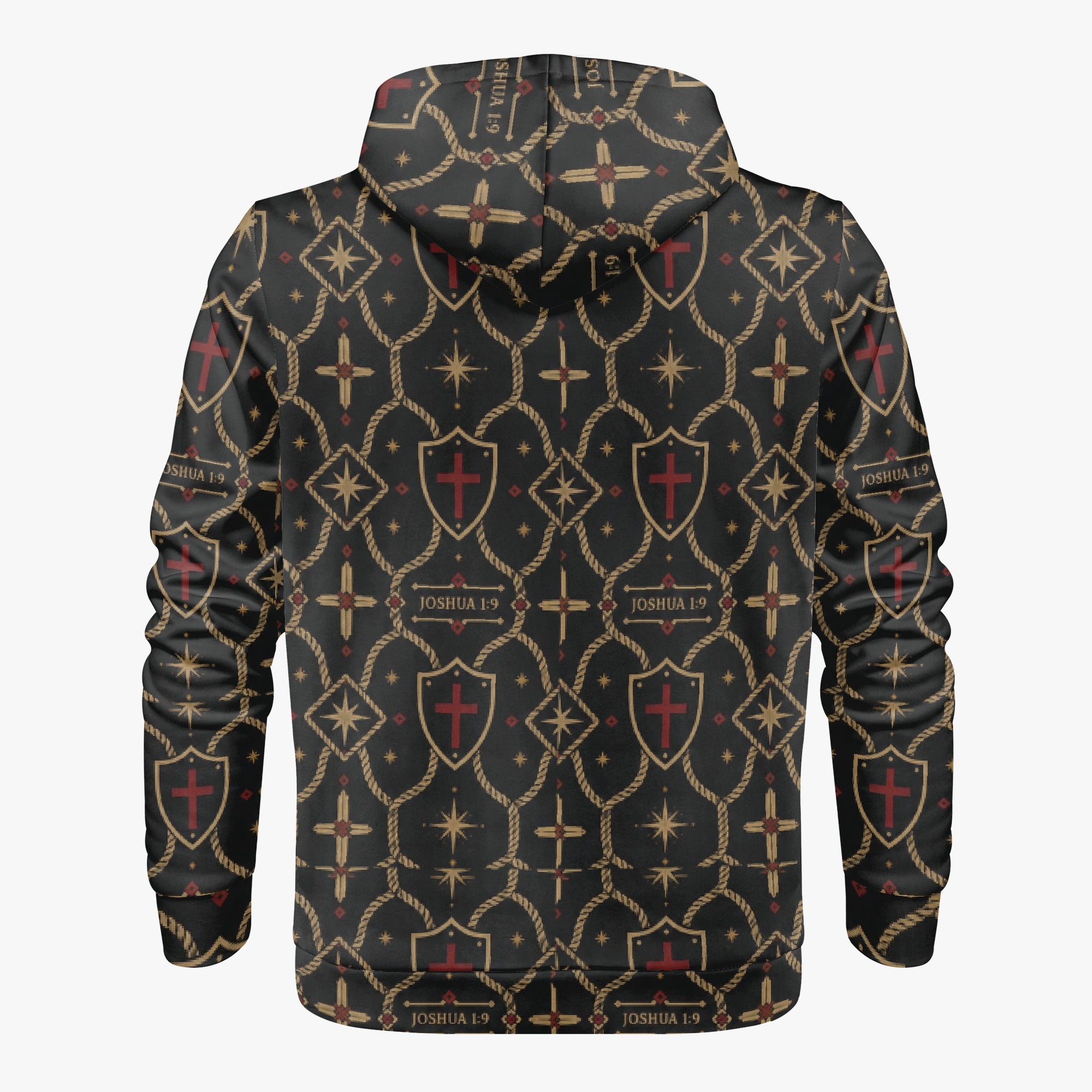 Signature monogram full-zip hoodie angled on a hanger, the repeat carrying over the shoulder and down the sleeve