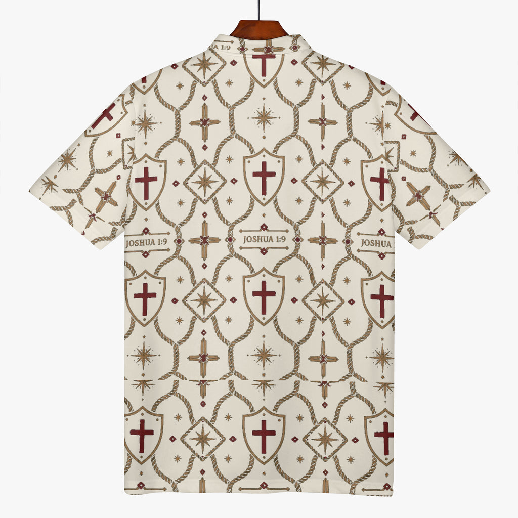 CARRY THE STANDARD polo in ivory — SANCTUS NOVA house monogram, marked JOSHUA 1:9