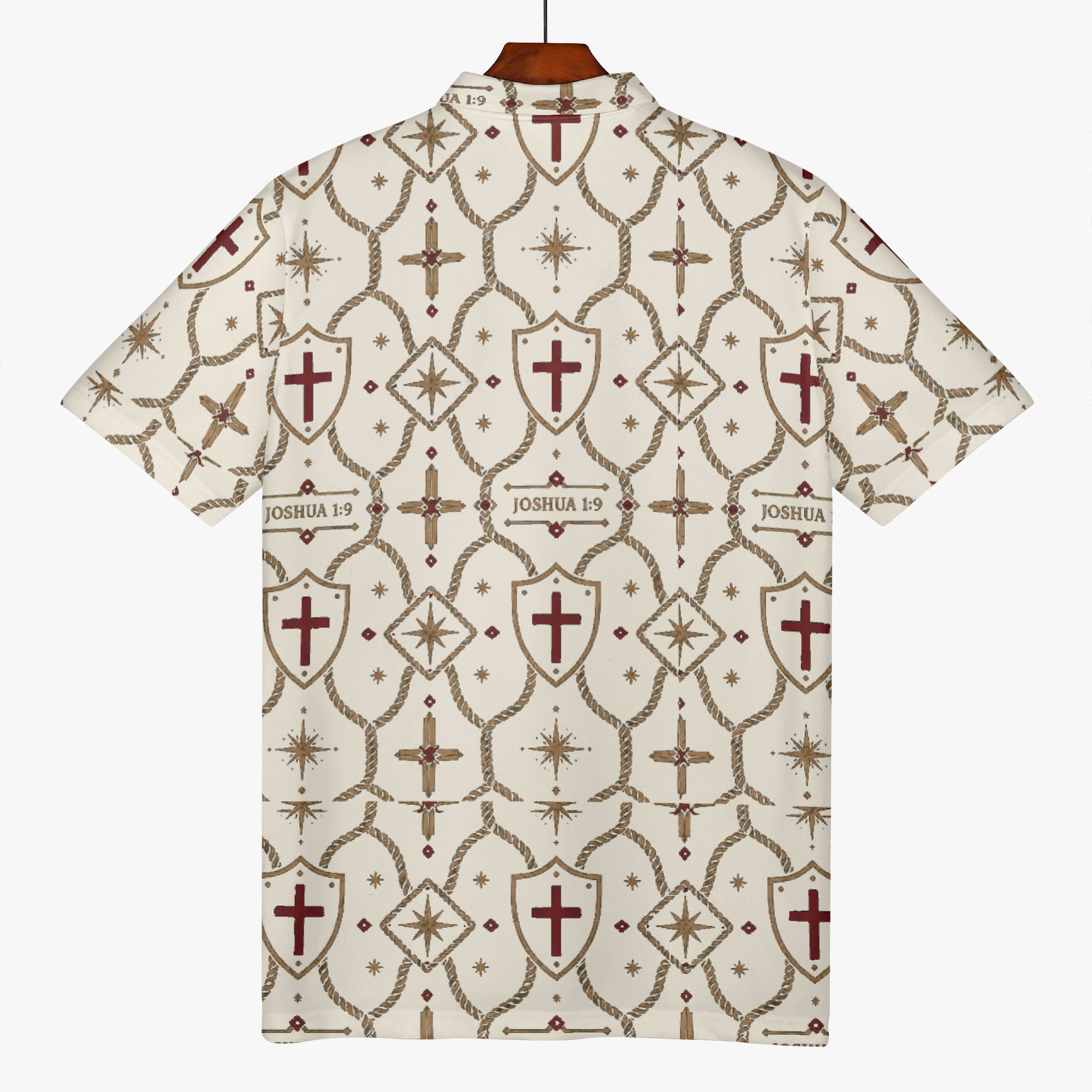 CARRY THE STANDARD polo in ivory — SANCTUS NOVA house monogram, marked JOSHUA 1:9