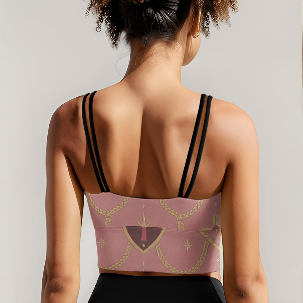 CARRY THE STANDARD women's short yoga top in rose — SANCTUS NOVA house monogram, view 2
