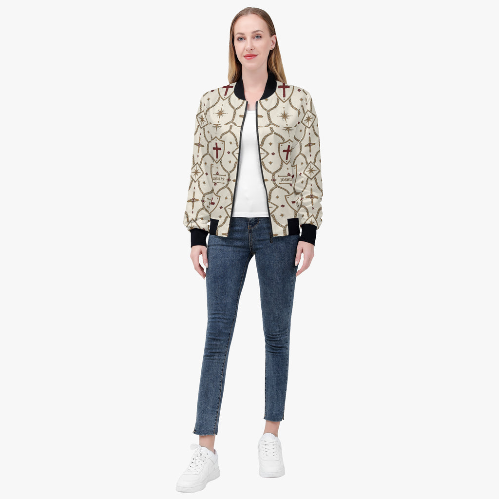 CARRY THE STANDARD women's bomber jacket in ivory — SANCTUS NOVA house monogram, view 2