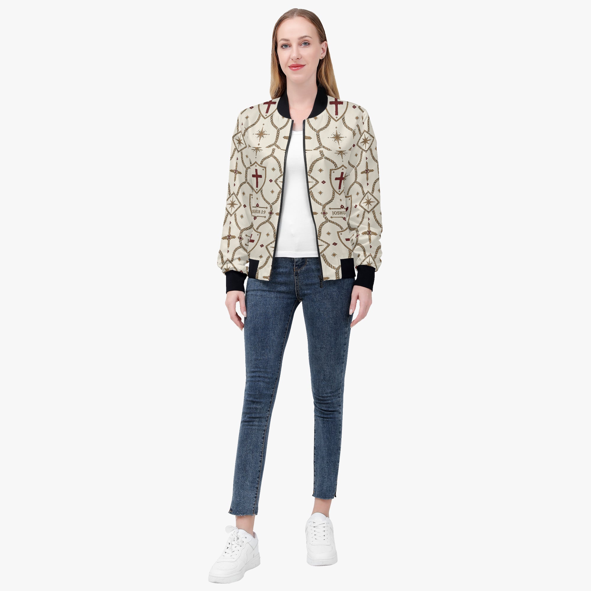 CARRY THE STANDARD women's bomber jacket in ivory — SANCTUS NOVA house monogram, view 2