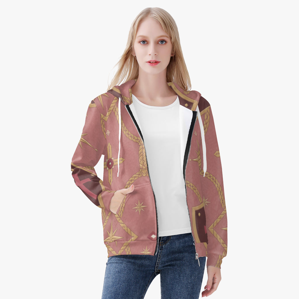 CARRY THE STANDARD women's full-zip hoodie in rose — SANCTUS NOVA house monogram, view 2