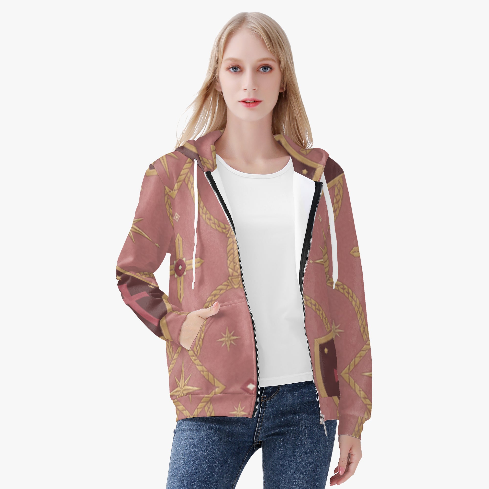 CARRY THE STANDARD women's full-zip hoodie in rose — SANCTUS NOVA house monogram, view 2