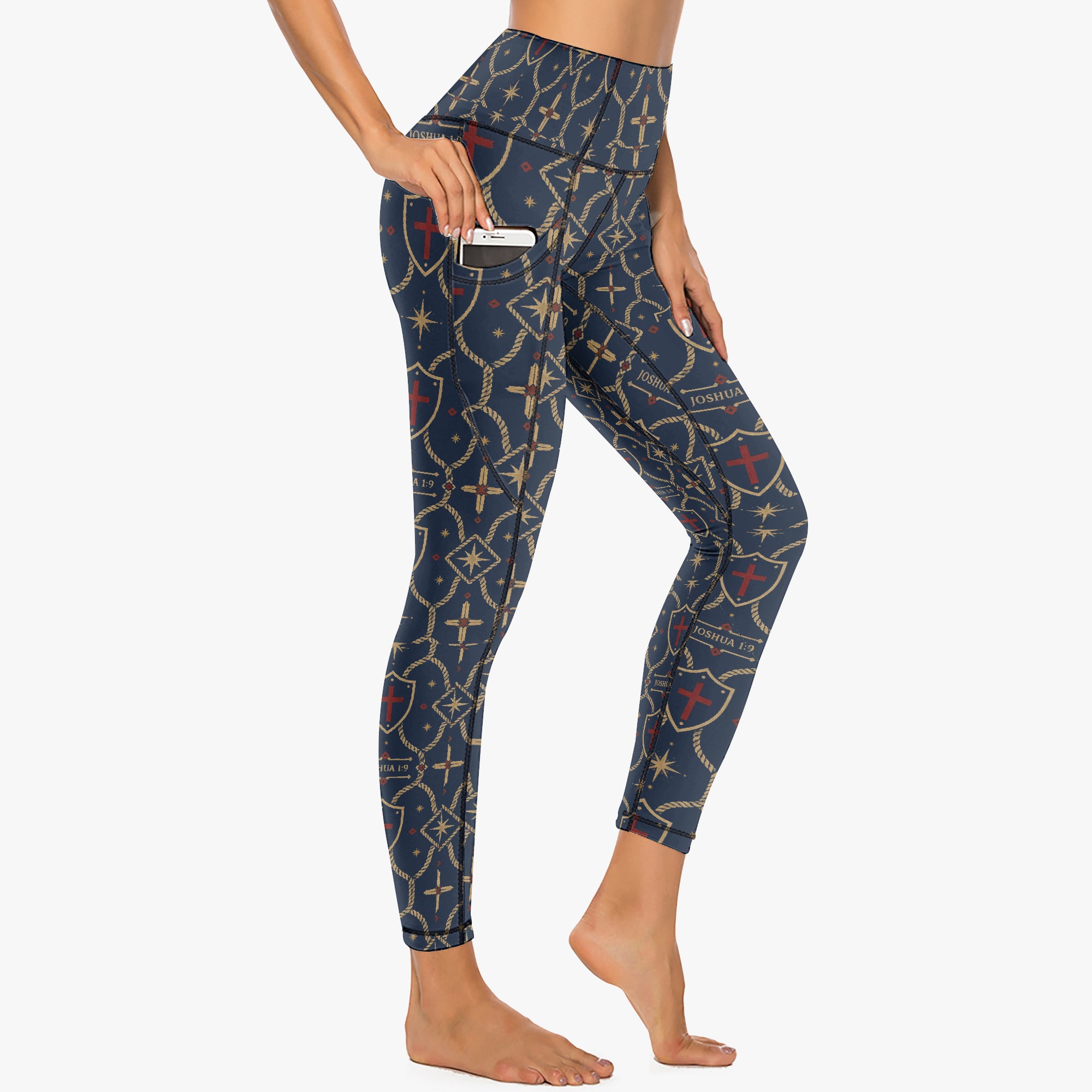CARRY THE STANDARD women's leggings in royal navy, SANCTUS NOVA house monogram, front view