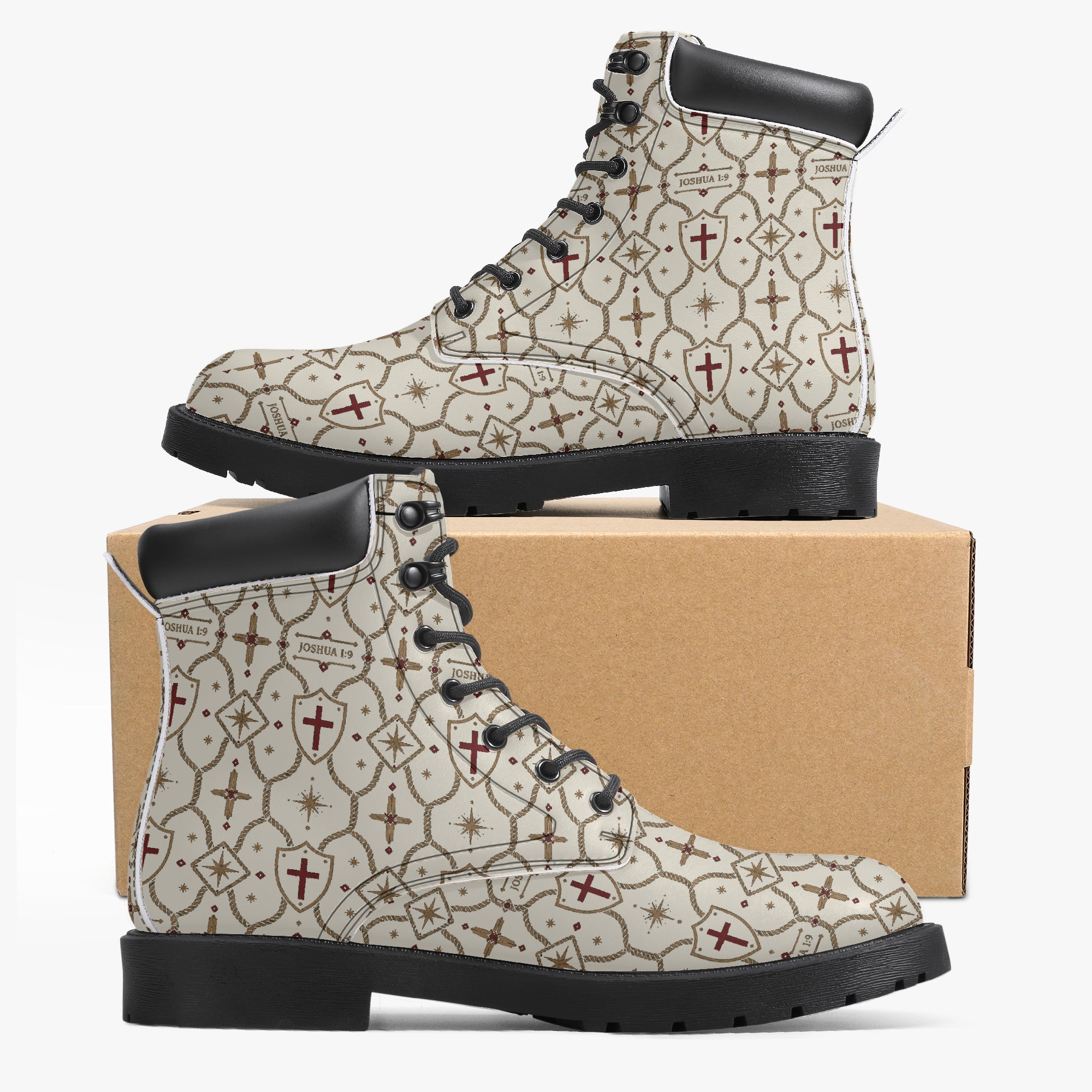 SANCTUS NOVA CARRY THE STANDARD leather boot in the ivory monogram, worn view