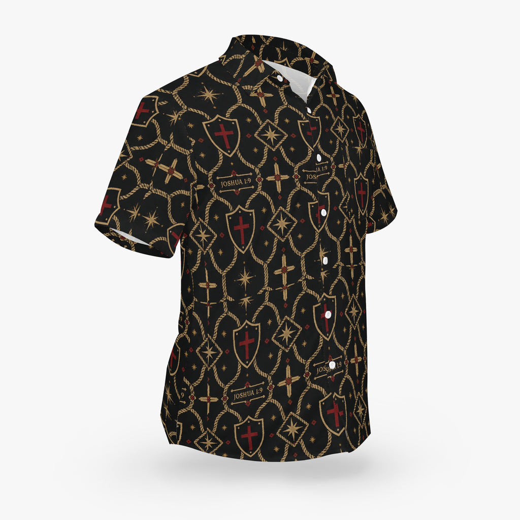 CARRY THE STANDARD camp shirt — gold rope-lattice trellis on charcoal, faith apparel (view 5)