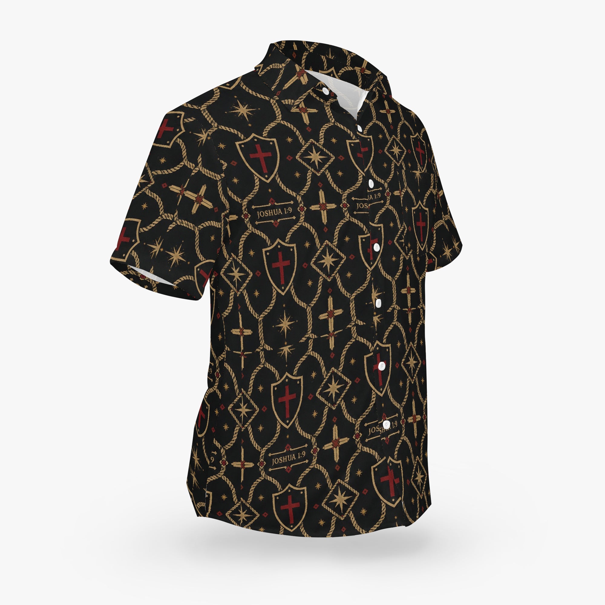 CARRY THE STANDARD camp shirt — gold rope-lattice trellis on charcoal, faith apparel (view 5)