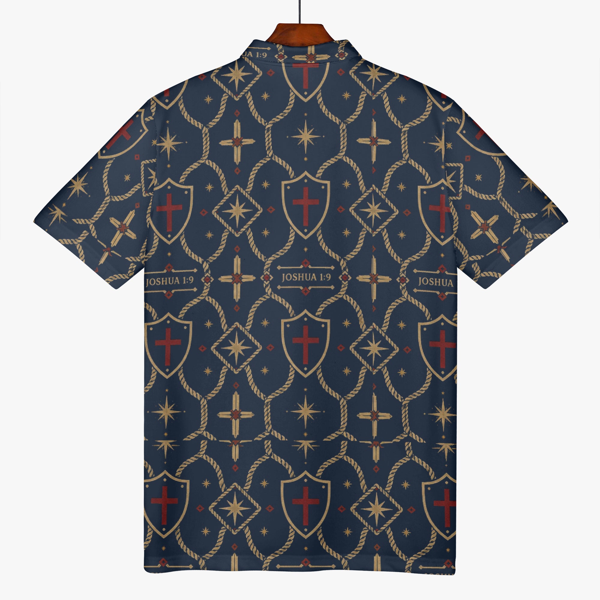 CARRY THE STANDARD polo in royal navy — SANCTUS NOVA house monogram, marked JOSHUA 1:9