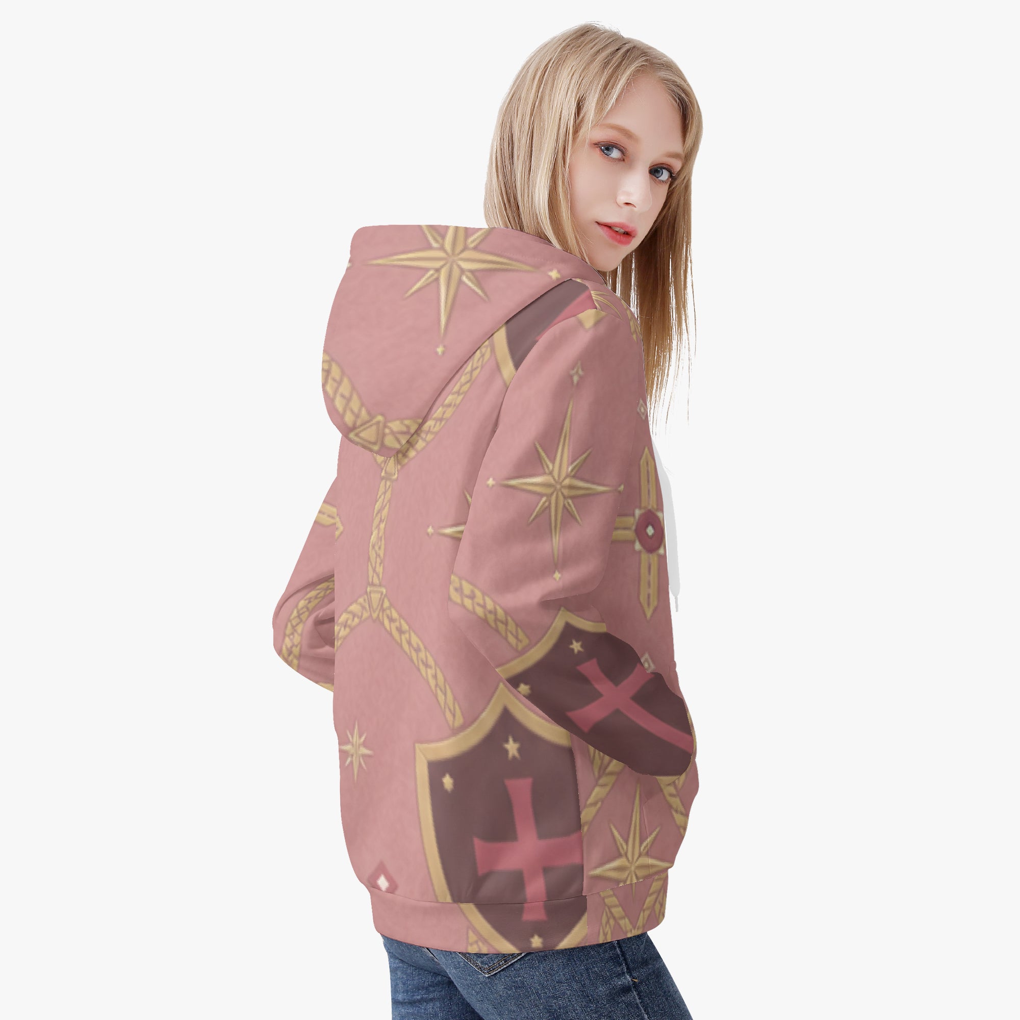 CARRY THE STANDARD women's full-zip hoodie in rose — SANCTUS NOVA house monogram