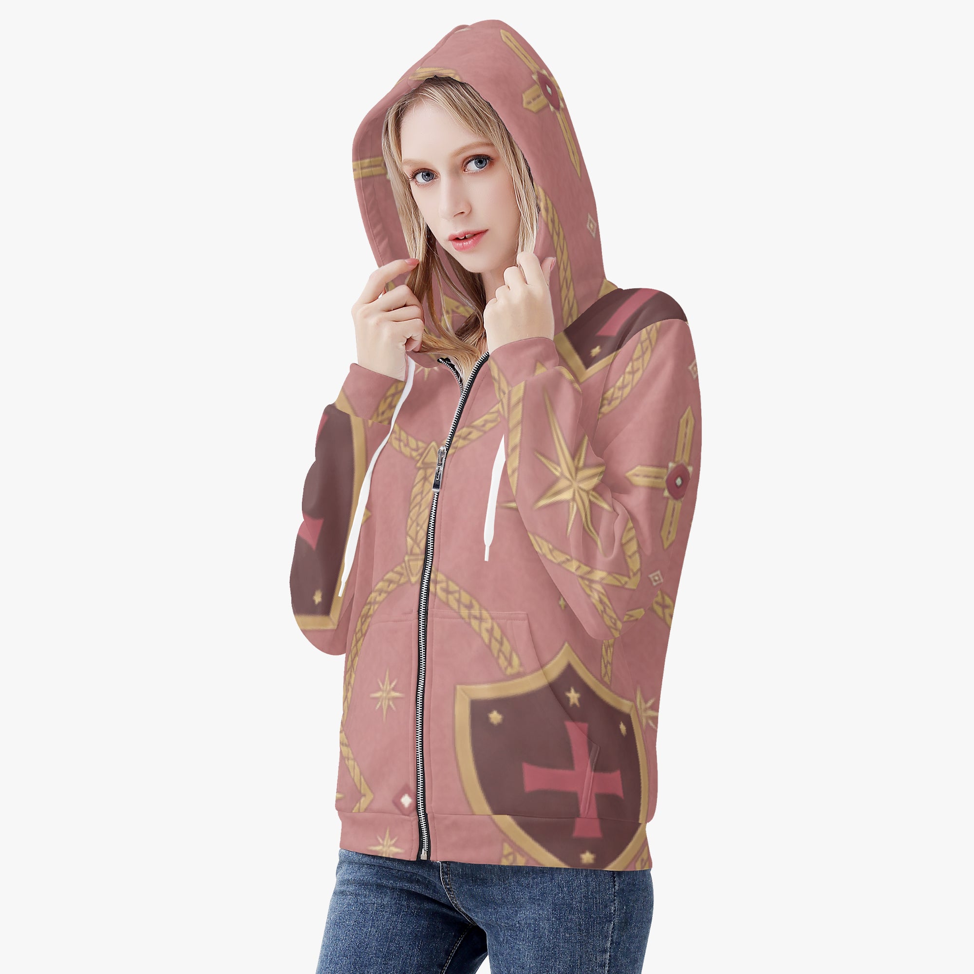 CARRY THE STANDARD women's full-zip hoodie in rose — SANCTUS NOVA house monogram, view 6