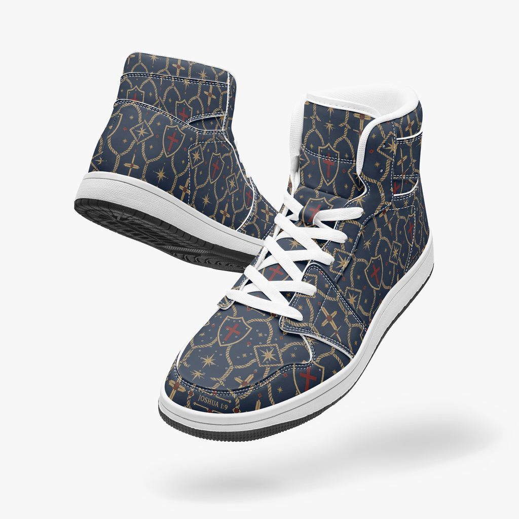 SANCTUS NOVA CARRY THE STANDARD high-top sneaker in the royal navy monogram, worn view