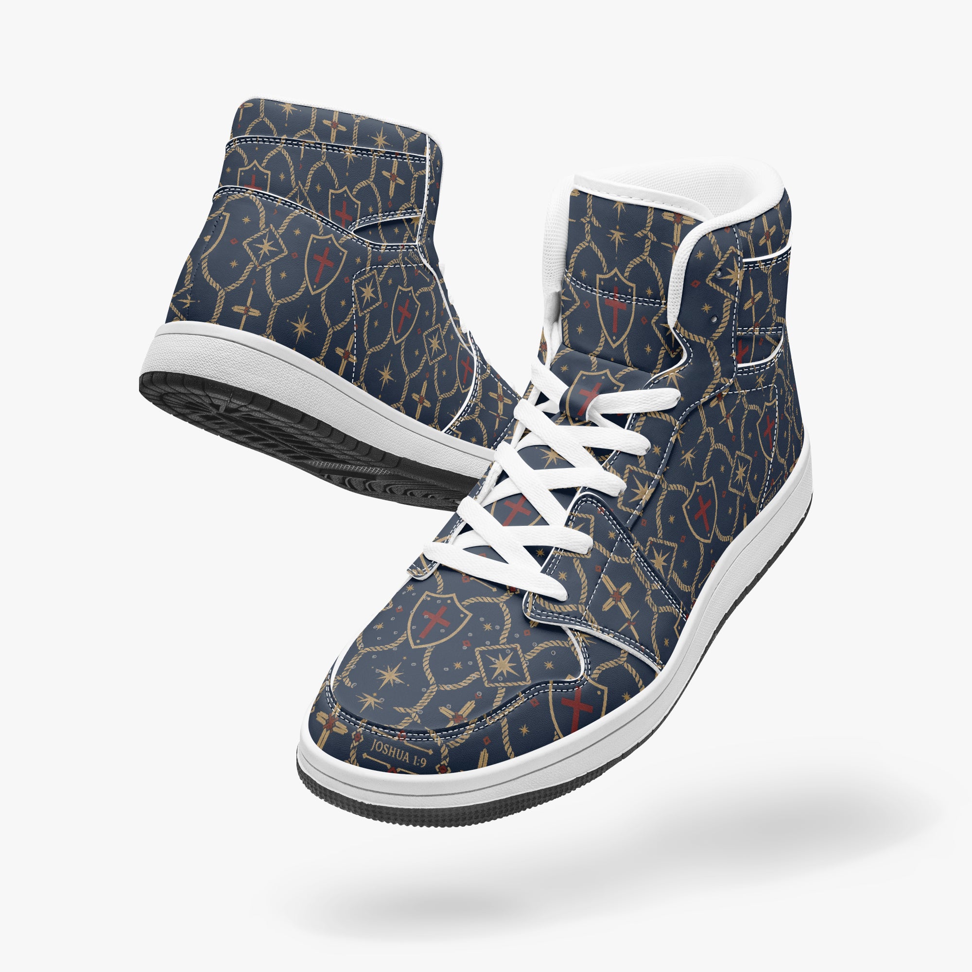 SANCTUS NOVA CARRY THE STANDARD high-top sneaker in the royal navy monogram, worn view