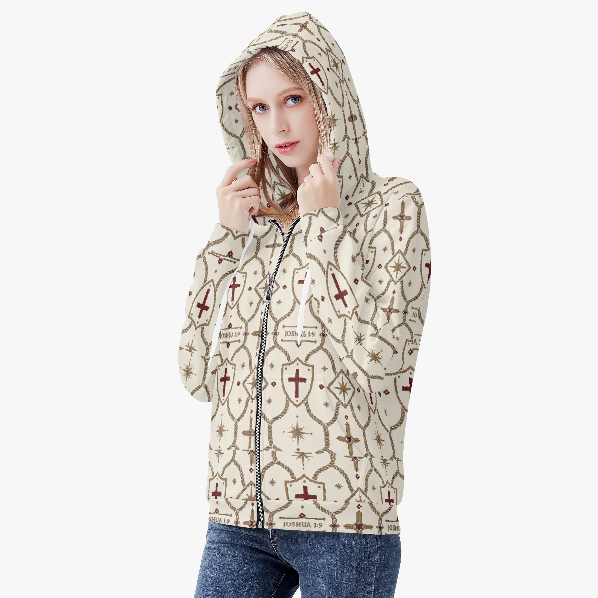 CARRY THE STANDARD women's full-zip hoodie in ivory — SANCTUS NOVA house monogram, view 6