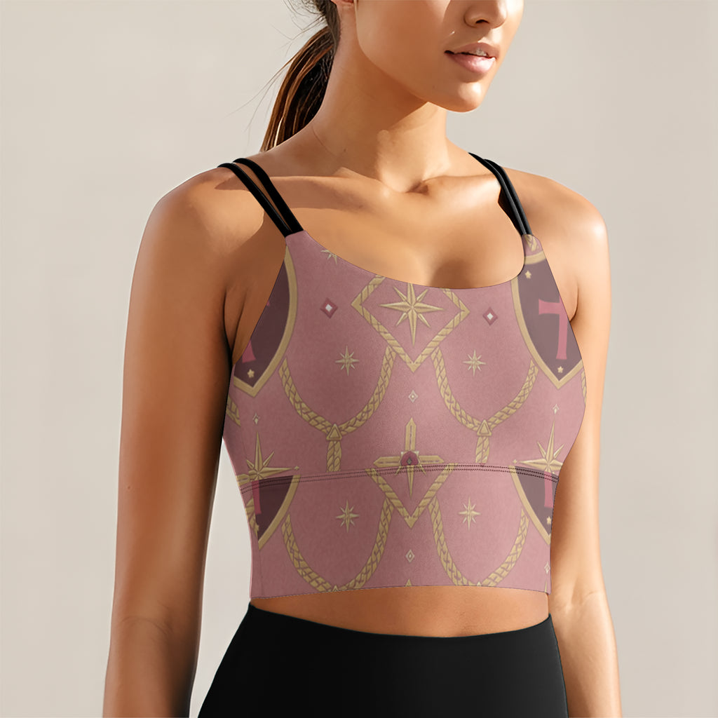 CARRY THE STANDARD women's short yoga top in rose — SANCTUS NOVA house monogram, view 3