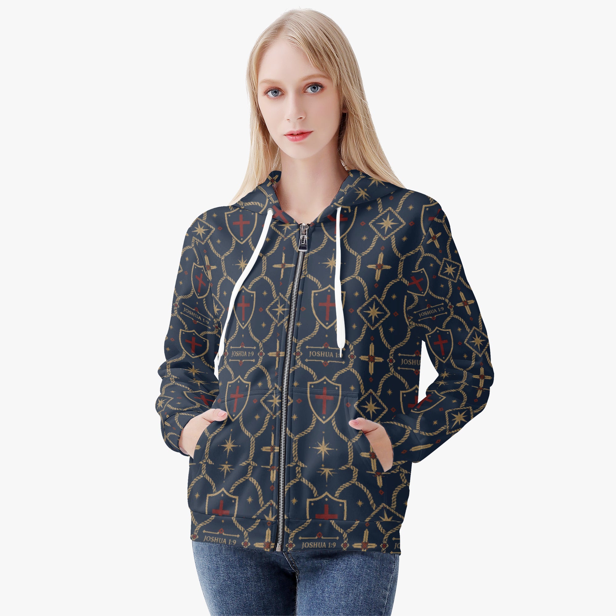 CARRY THE STANDARD women's full-zip hoodie in royal navy — SANCTUS NOVA house monogram, view 3