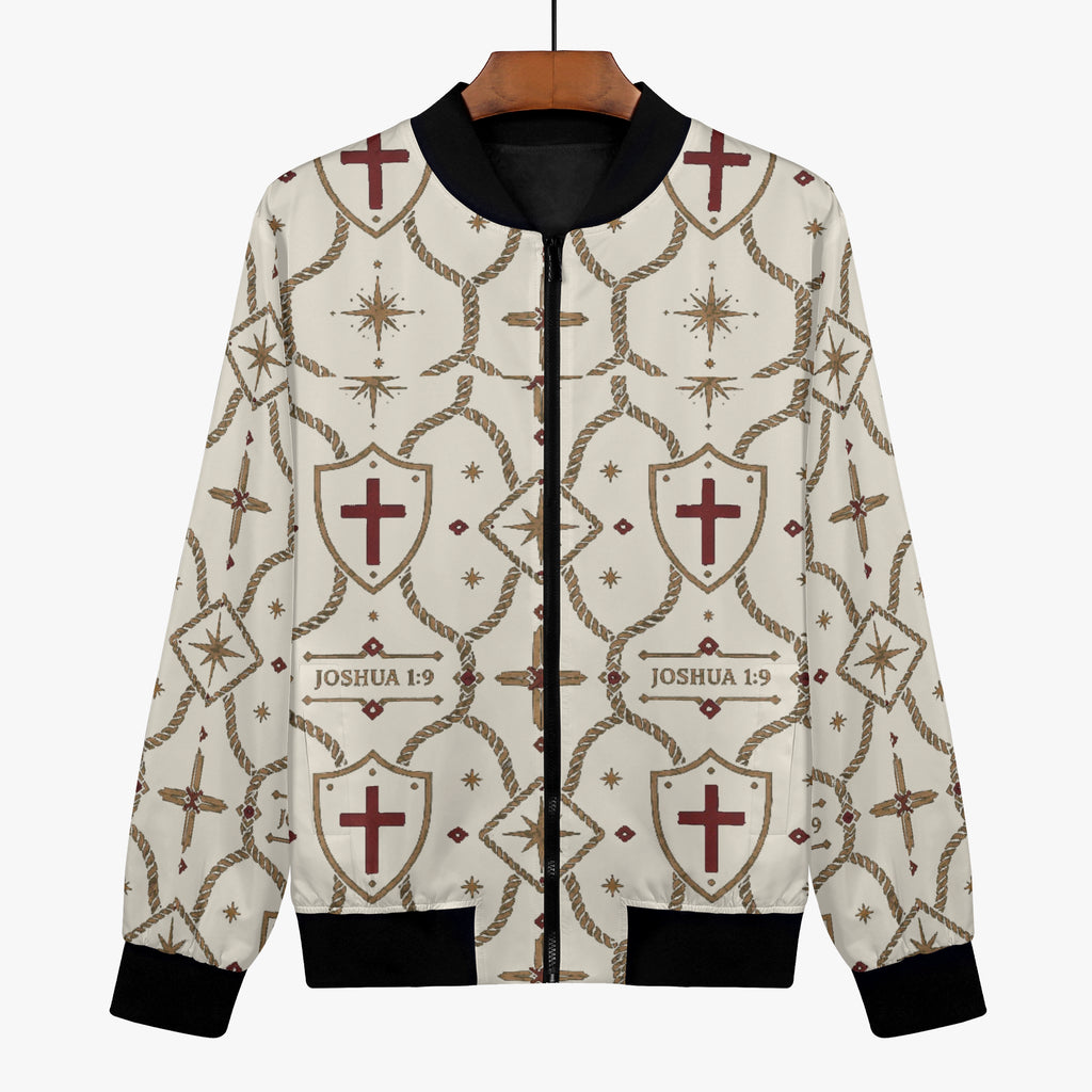 CARRY THE STANDARD women's bomber jacket in ivory — SANCTUS NOVA house monogram, marked JOSHUA 1:9