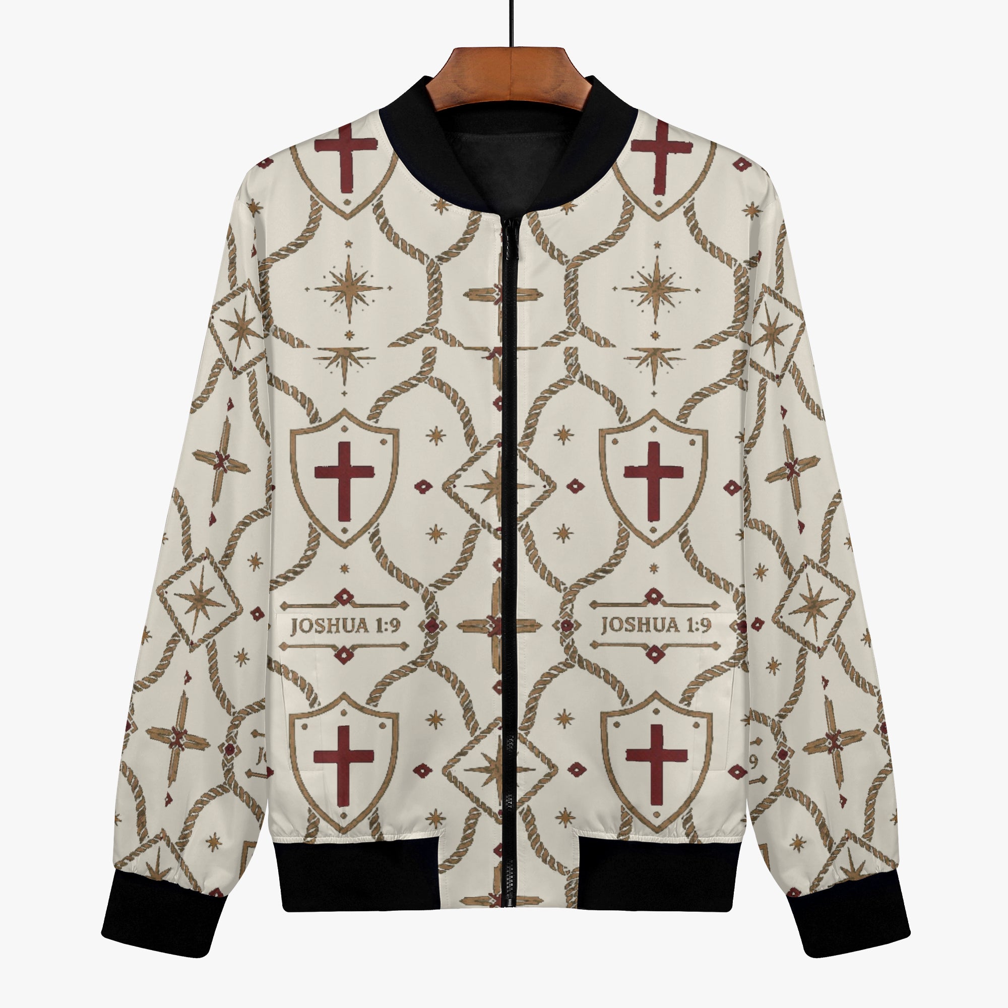 CARRY THE STANDARD women's bomber jacket in ivory — SANCTUS NOVA house monogram, marked JOSHUA 1:9