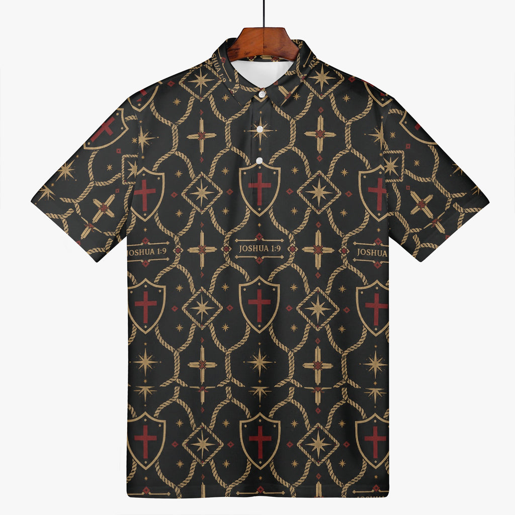Signature monogram polo angled on a hanger, showing the repeat across the shoulder