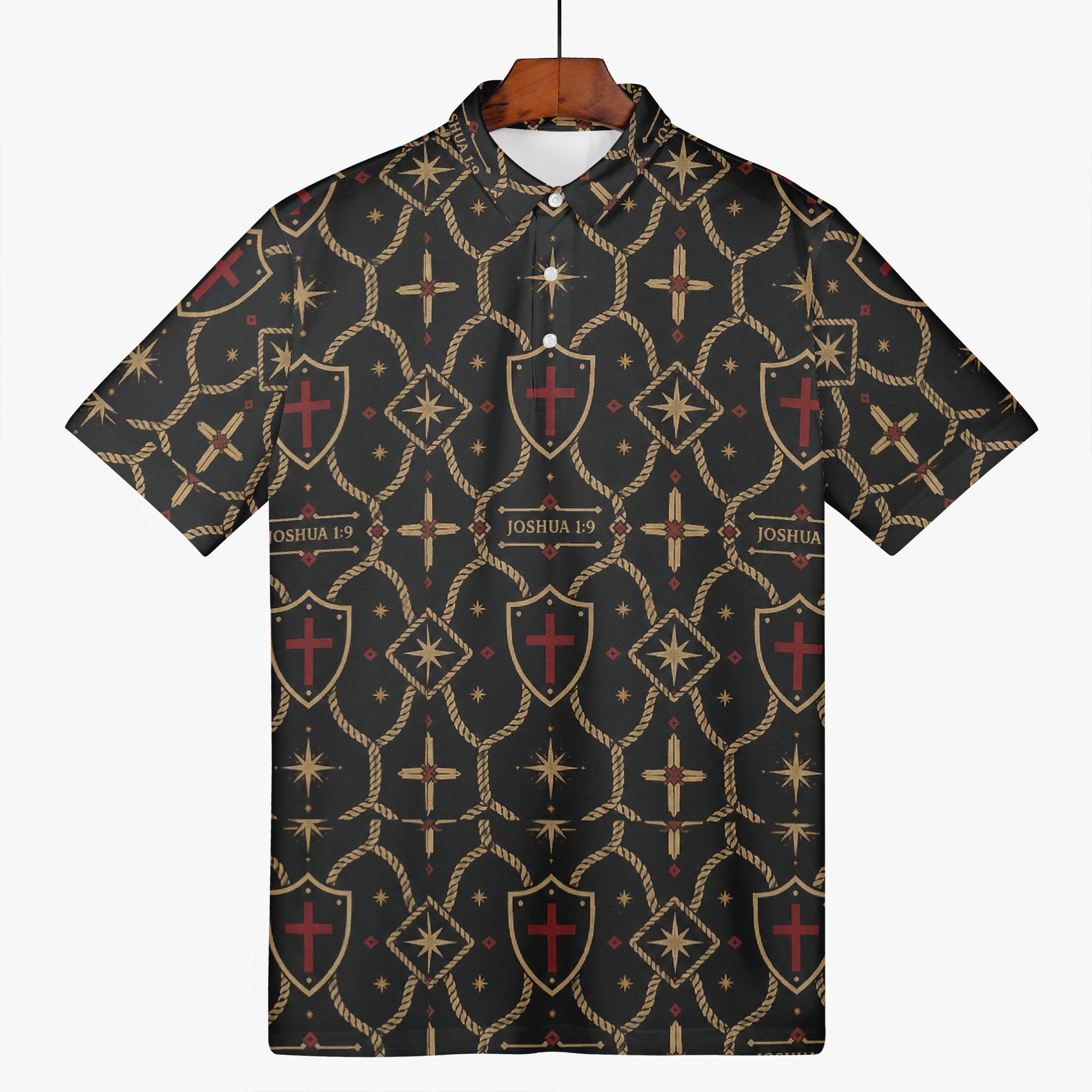 Signature monogram polo angled on a hanger, showing the repeat across the shoulder