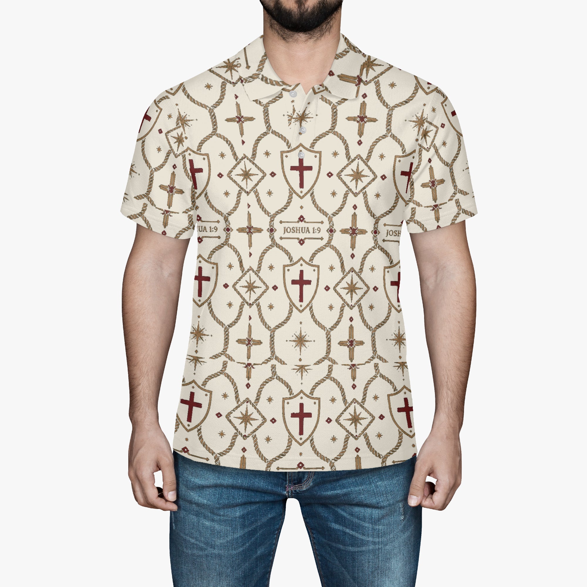 CARRY THE STANDARD polo in ivory — SANCTUS NOVA house monogram, view 2