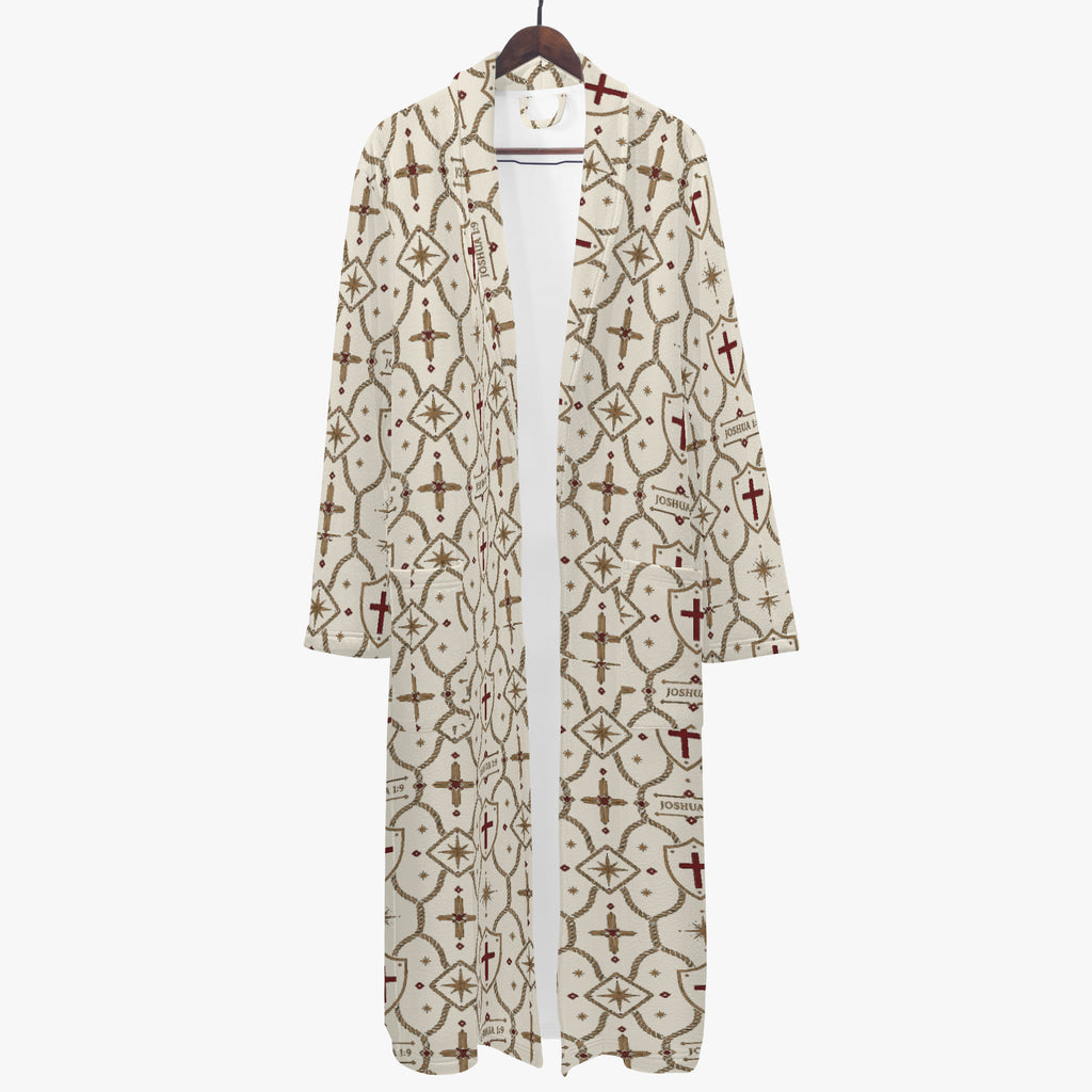 CARRY THE STANDARD bathrobe in ivory — SANCTUS NOVA house monogram, marked JOSHUA 1:9
