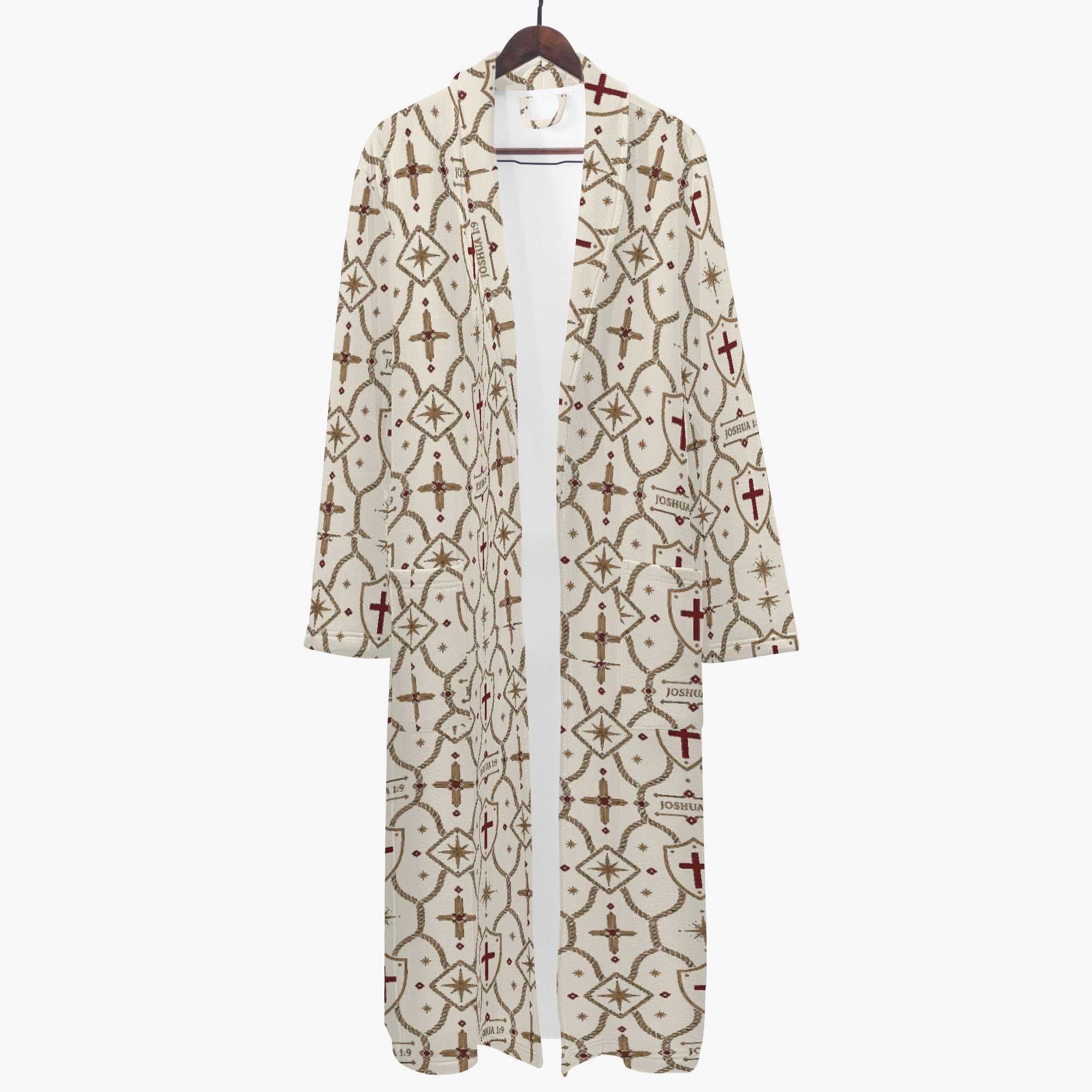 CARRY THE STANDARD bathrobe in ivory — SANCTUS NOVA house monogram, marked JOSHUA 1:9