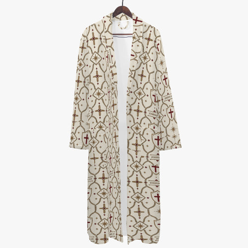 CARRY THE STANDARD bathrobe in ivory — SANCTUS NOVA house monogram, marked JOSHUA 1:9