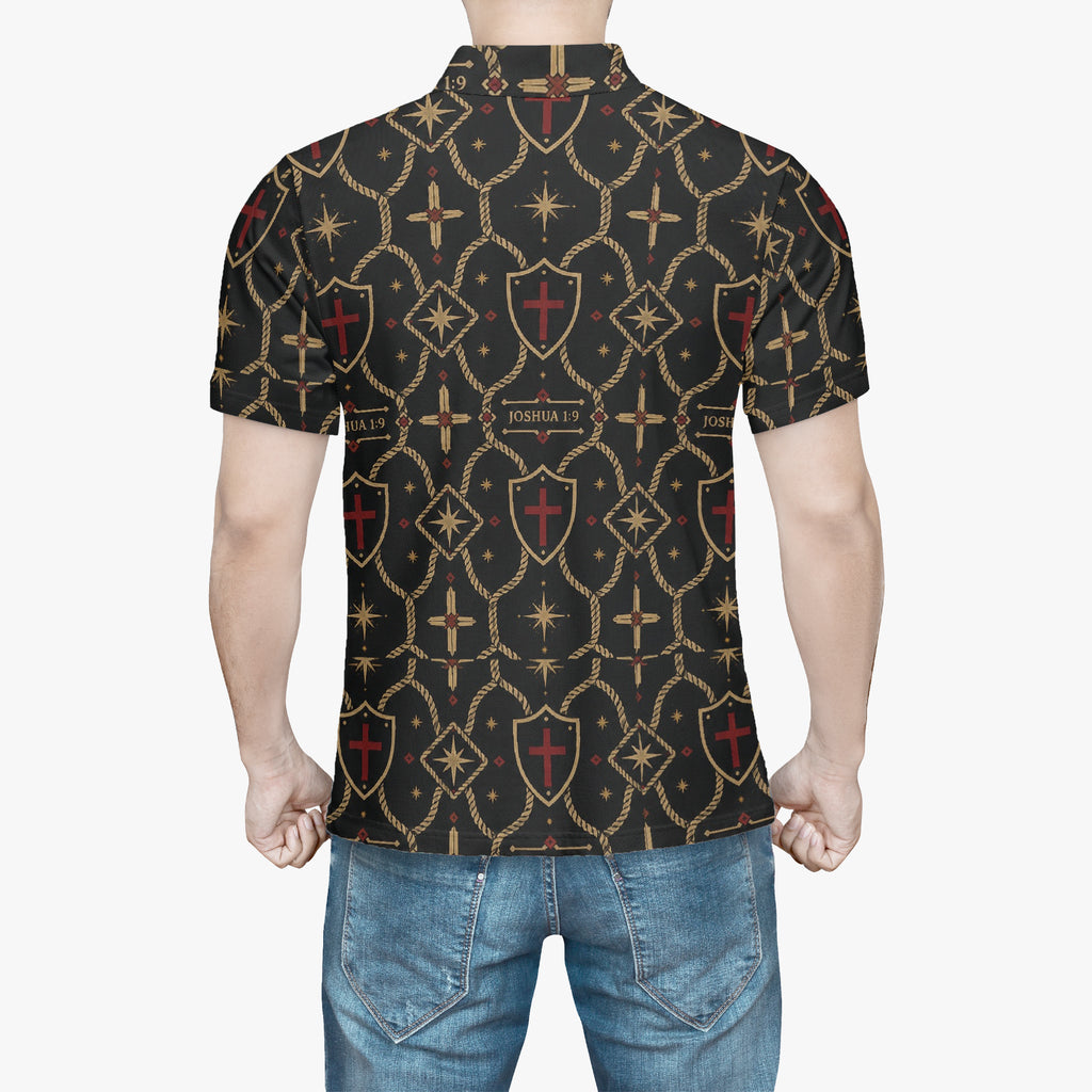 Signature monogram polo worn, back view — the pattern runs unbroken across the back