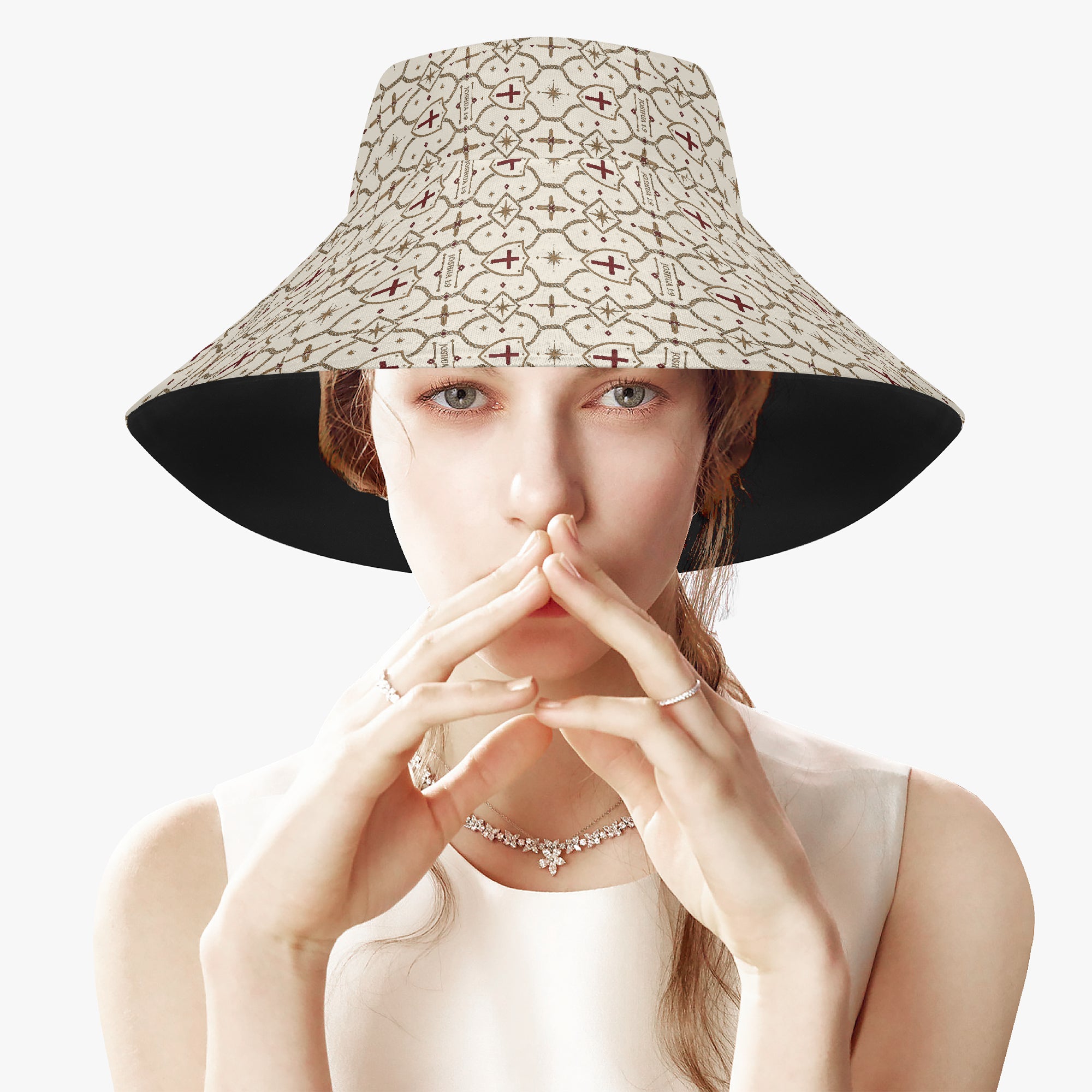 CARRY THE STANDARD bucket hat in ivory, SANCTUS NOVA house monogram across crown and brim