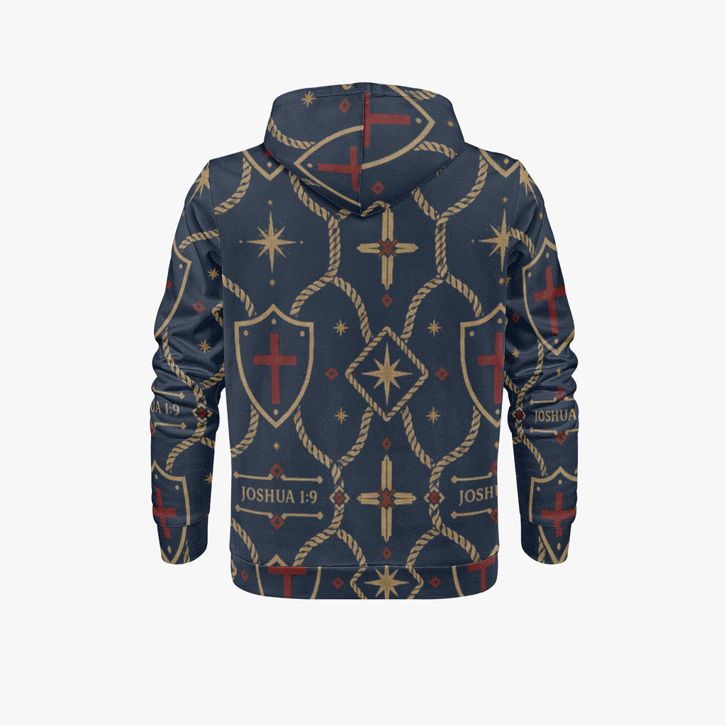 CARRY THE STANDARD pullover hoodie in royal navy — SANCTUS NOVA house monogram, view 3