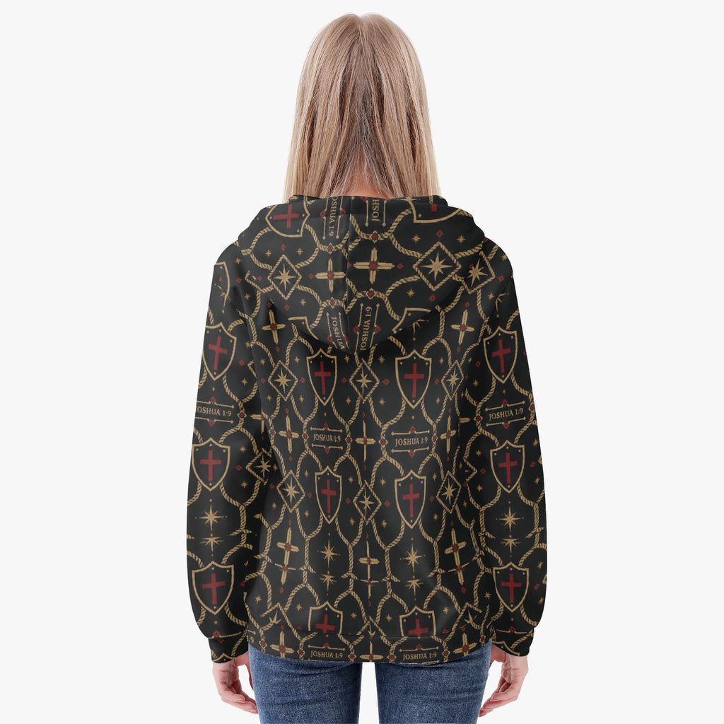 Christian monogram hoodie for women — JOSHUA 1:9 set in gold small caps on the Standard pattern (view 4)
