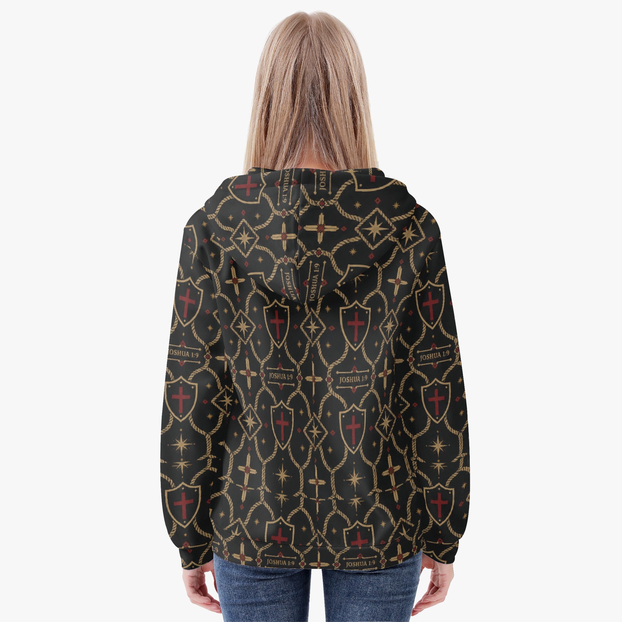 Christian monogram hoodie for women — JOSHUA 1:9 set in gold small caps on the Standard pattern (view 4)